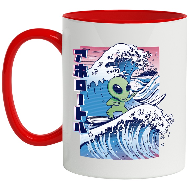 Cana Extraterestru, Surfing, Valuri Mari, Plaja, Ceramica, 330 ml, Multicolor cu maner Rosu