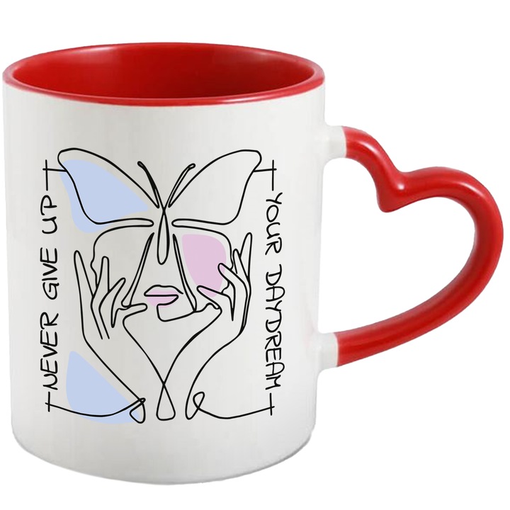 Cana Fata, Linii, Fluture, Never Give Up Your DayDream, 330 ml, Multicolor cu maner Inima Rosie