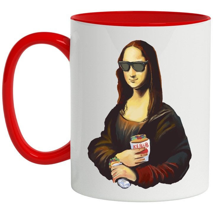 Cana Monalisa cu Ochelari, Kebab si Soda, Cool, Contemporan, Reinterpretat, Shaorma, Ceramica, 330 ml, Multicolor cu maner Rosu