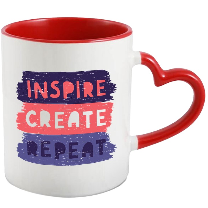 Cana Inspire, Create, Repeat, Ceramica, 330 ml, Multicolor cu maner Inima Rosie