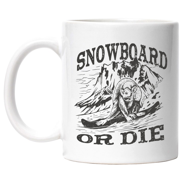 Cana Snowboard or Die, Munte, Zapada, Sezonul de Ski, Sport, Ceramica, 330 ml, Multicolor cu maner Alb