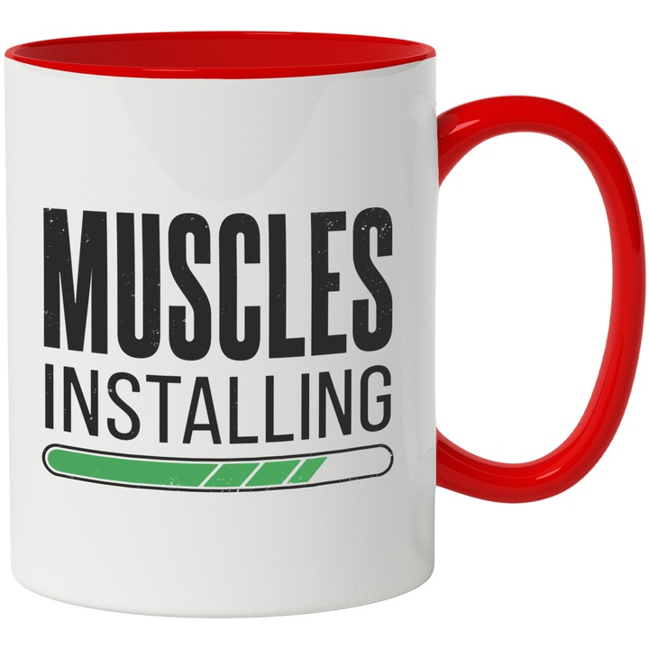 Cana Muscles Installing, Muschii se Instaleaza, Progres, Sala, Sport, Gym, Fitness, Ceramica, 330 ml, Multicolor cu maner Rosu