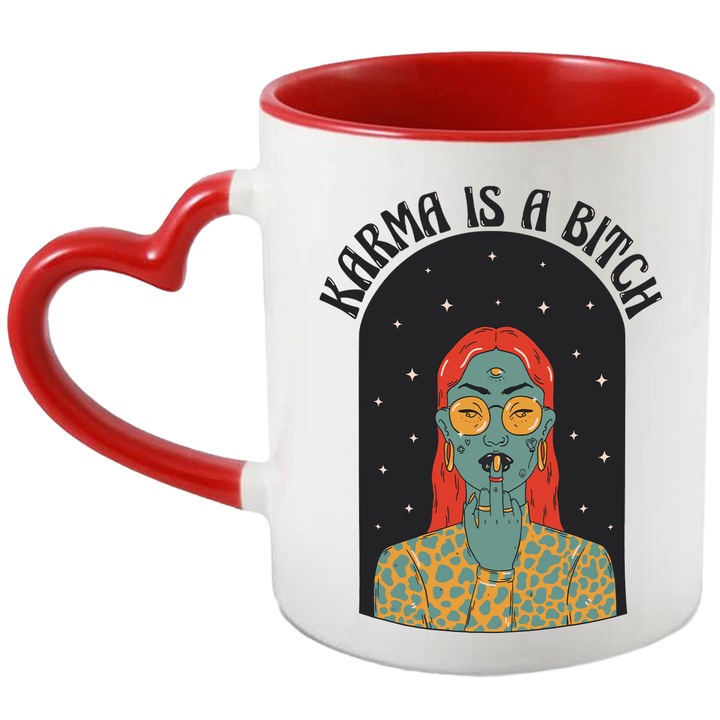 Cana Karma is a Bi*ch, Ceramica, 330 ml, Multicolor cu maner Inima Rosie