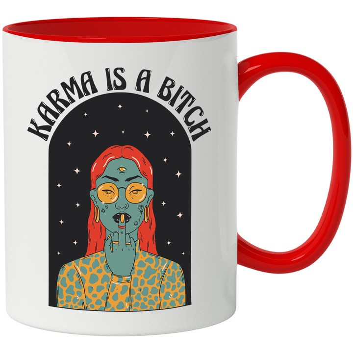 Cana Karma is a Bi*ch, Ceramica, 330 ml, Multicolor cu maner Rosu