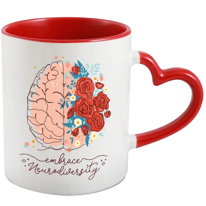 Cana Creier, Flori, Embrace Neurodiversity, Ceramica, 330 ml, Multicolor cu maner Inima Rosie