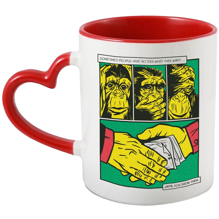 Cana Spaga, Atentie, Tips, Maimuta nu Vad, Aud sau Vorbesc, Coruptie, Ceramica, 330 ml, Multicolor cu maner Inima Rosie