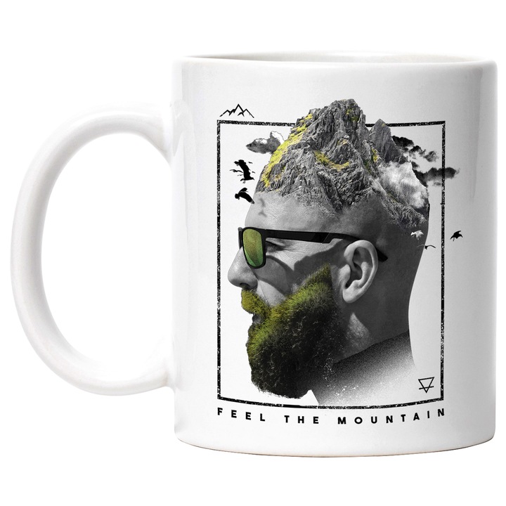 Cana Portret, Expunere Dubla, Munte, Ochelari, Profil, Fell the Mountain, Ceramica, 330 ml, Multicolor cu maner Alb