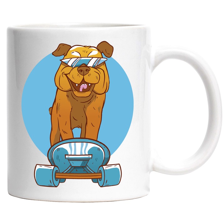 Cana Caine cu Ochelari pe Skateboard, Fericit, Ceramica, 330 ml, Multicolor cu maner Alb