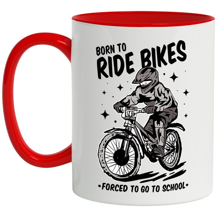 Cana Bort to Ride Bikes, Forced to go to School, Copil, Bicicleta, Scoala, Pasiune, Ceramica, 330 ml, Multicolor cu maner Rosu