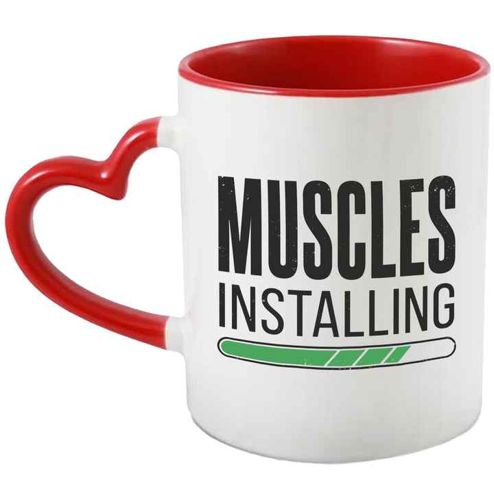 Cana Muscles Installing, Muschii se Instaleaza, Progres, Sala, Sport, Gym, Fitness, Ceramica, 330 ml, Multicolor cu maner Inima Rosie