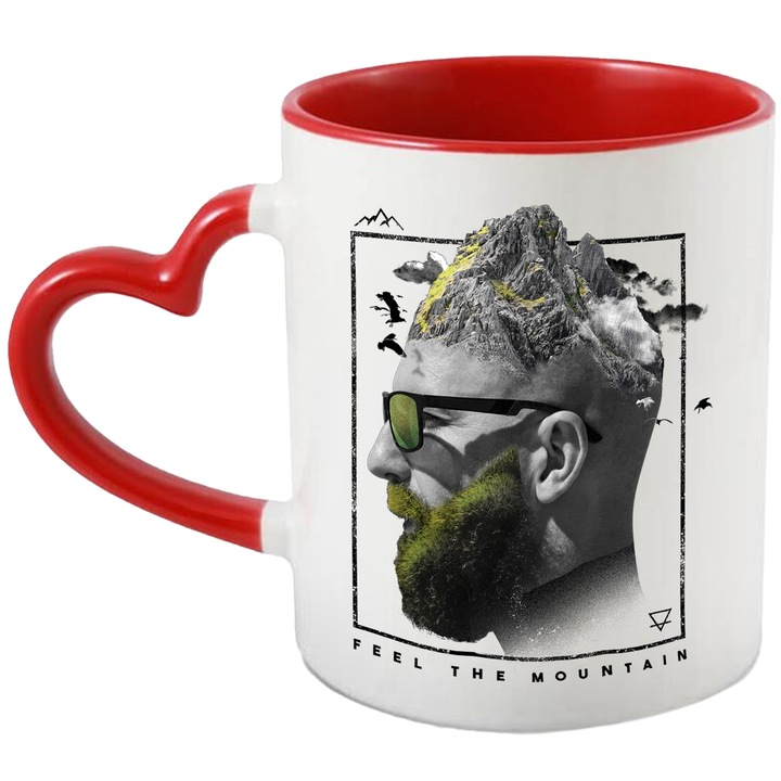 Cana Portret, Expunere Dubla, Munte, Ochelari, Profil, Fell the Mountain, Ceramica, 330 ml, Multicolor cu maner Inima Rosie