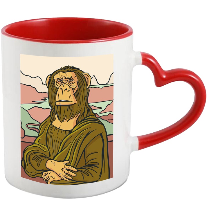 Cana Portret Maimuta in Stilul Picturilor Faimoase, Ceramica, 330 ml, Multicolor cu maner Inima Rosie