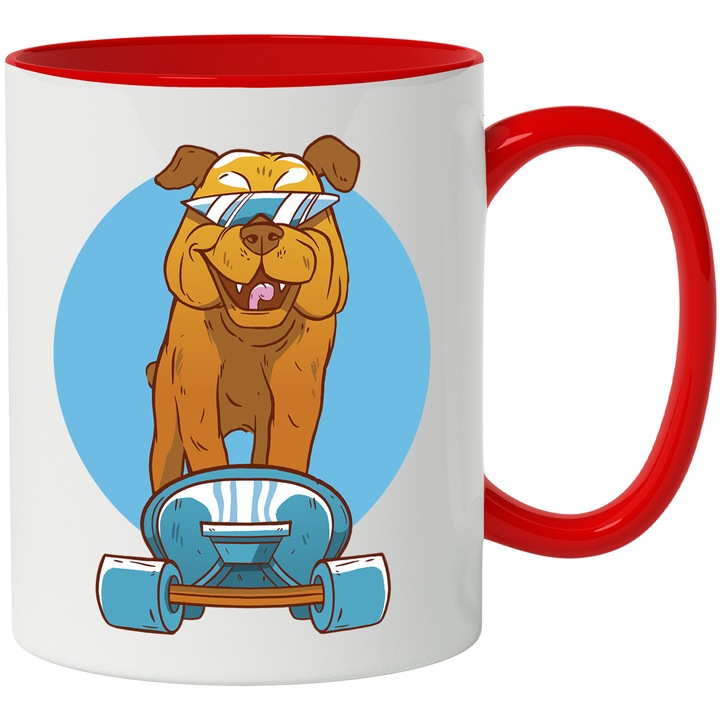 Cana Caine cu Ochelari pe Skateboard, Fericit, Ceramica, 330 ml, Multicolor cu maner Rosu