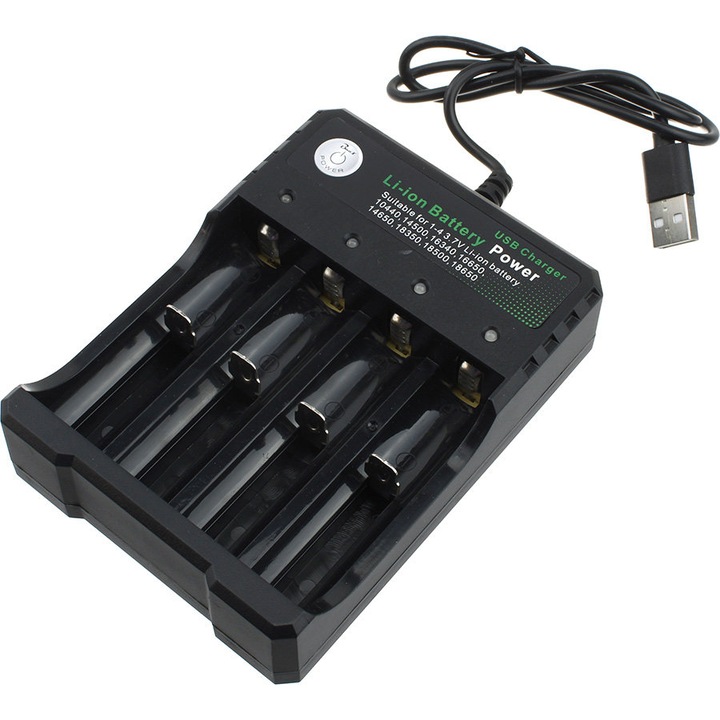 Incarcator Smart pentru 4 acumulatori 18650 Li-Ion, conectare USB, 4 leduri, negru