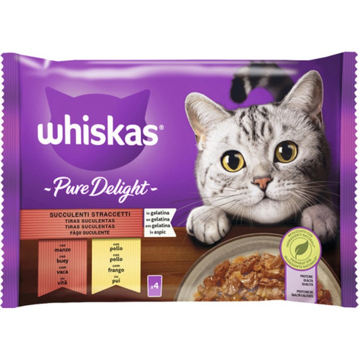 Hrana umeda pentru pisici Whiskas Adult Pure Delight Selectii clasice in sos de carne 4x85 g