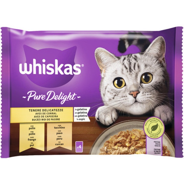 Hrana umeda pentru pisici Whiskas Adult Pure Delight cu pasare in aspic 4x85 g