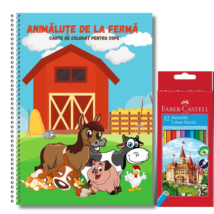 Carte de Colorat pentru Copii, Animalute de la Ferma si Set 12 Creioane Colorate Faber Castell, 104 Pagini