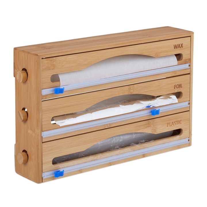 Органайзер и диспенсър 3 в 1 за кухненско фолио, за стена или чекмедже, бамбук, кафяв, 23,5 х 39 х 9 см