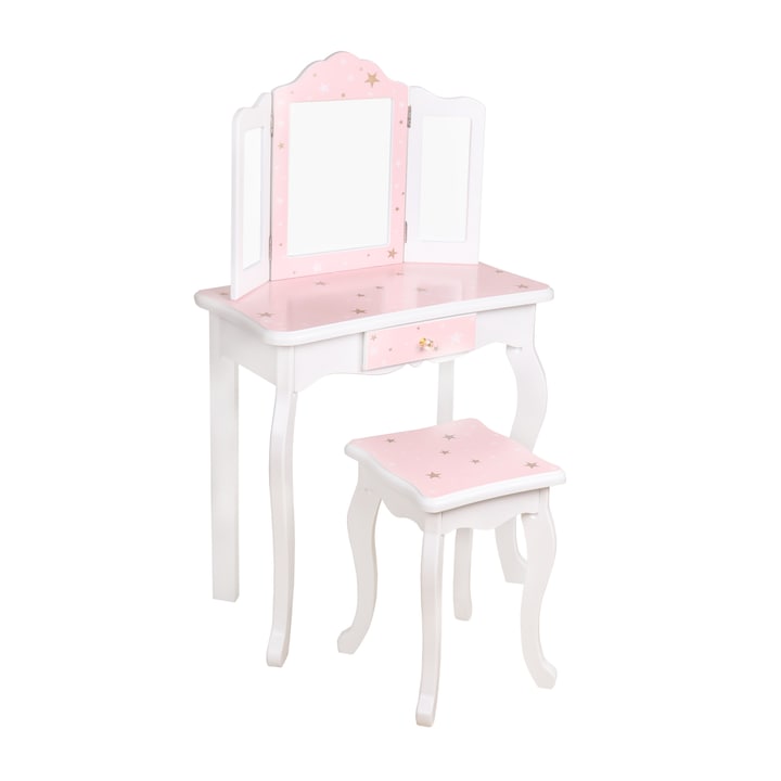 Set masa de toaleta si scaun pentru machiaj pentru copii DacEnergy©, fabricat din MDF si lemn, cu sertare, cu oglinda, 29 x98 x60 cm, alb si roz, cu stelute