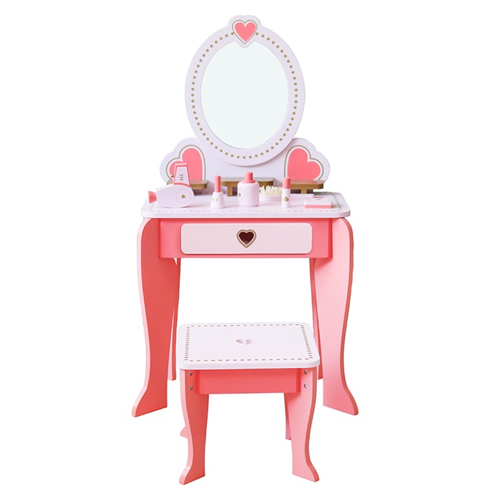 Set de toaleta pentru copii cu masuta si scaun DacEnergy©, fabricat din MDF si lemn, cu sertare, cu oglinda, accesorii incluse, 49 x34 x97 cm, roz inchis