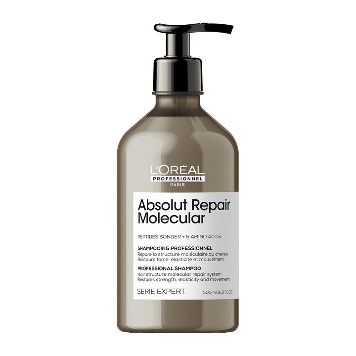 Sampon pentru par deteriorat L’Oreal Professionnel Serie Expert Absolut Repair Molecular, formulat cu legaturi peptidice si 5 aminoacizi, repara structura macromoleculara a parului, fara sulfati, 500 ml