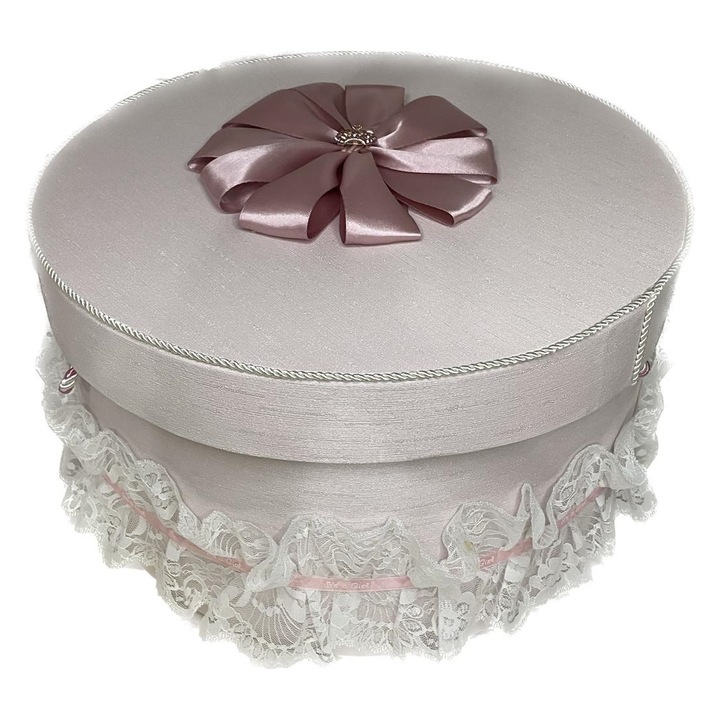 Cufar botez - Nicas - cutie botez - trusou - roz cu dantela, diametru 35 cm