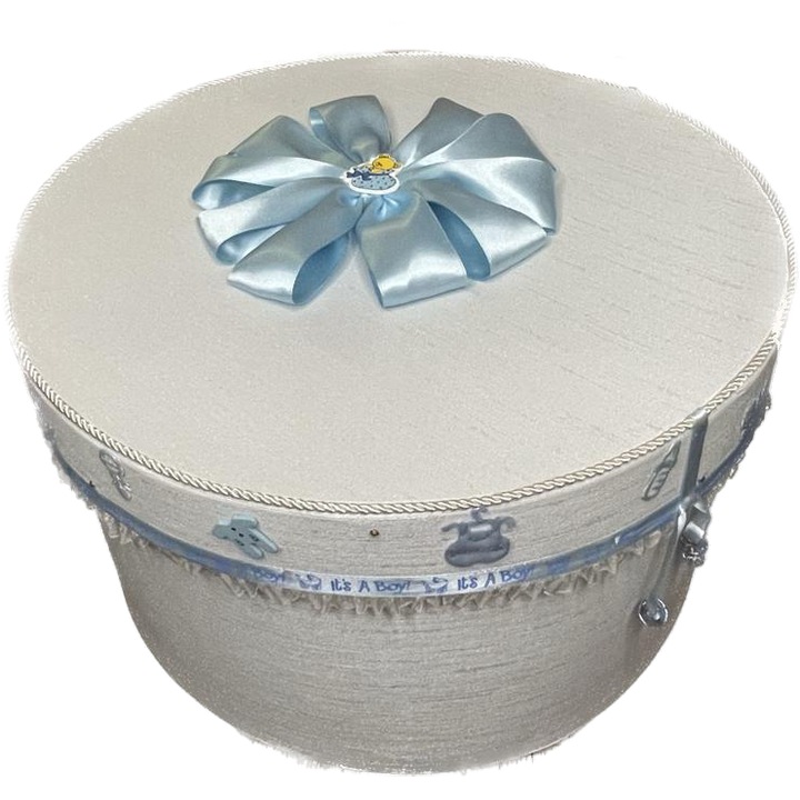 Cufar botez - Nicas - cutie botez - trusou - albastru "It's a boyl!", diametru 35 cm