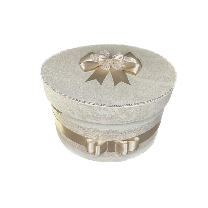Cufar botez - Nicas - cutie botez - trusou - alb si bej cu dantela si fundita, diametru 35 cm
