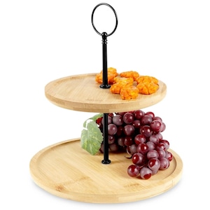 Platou Din Bambus Cu 2 Etaje, Excellent Houseware, 24 cm, Din Lemn, Usor De Curatat, 2 Niveluri, Materiale De Inalta Calitate, Platou De Servire Si Prezentare, Bej/Negru