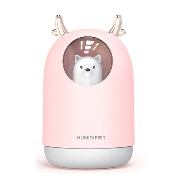 Мини овлажнител, JeiibrZui, Пластмаса, USB, 300 мл, Нощна лампа в 7 цвята, Розов
