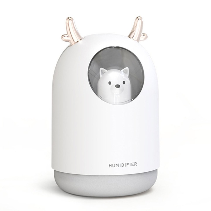 Мини овлажнител, JeiibrZui, Пластмаса, USB, 300 ml, Нощна лампа в 7 цвята, Бял