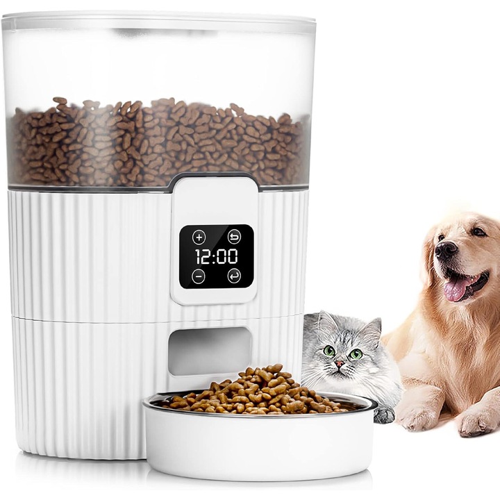 Hranitor automat pentru caini si pisici Fish & Paws ®, cu functie de setare a intervalului de hrana pentru animalul tau de companie, controlul portiilor, multifunctional si eficient, dubla alimentare, 3.5L, Alb
