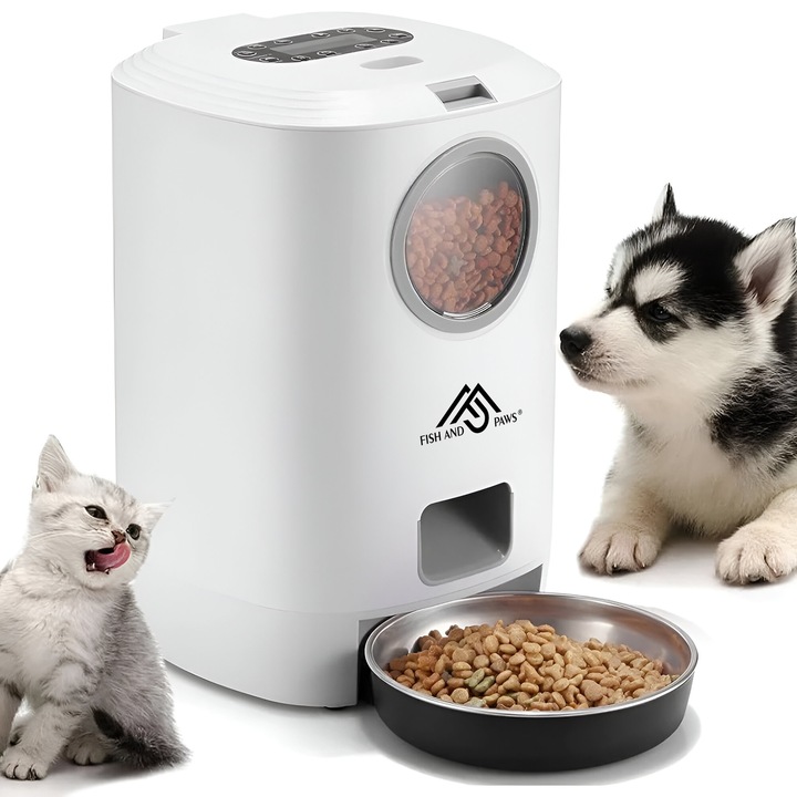 Hranitor automat pentru caini si pisici cu inregistrare vocala, Fish & Paws ®, functie de setare a intervalului de hrana, controlul portiilor animalelor de companie, multifunctional, simplu de utilizat, dubla alimentare, Alb, 4.5L