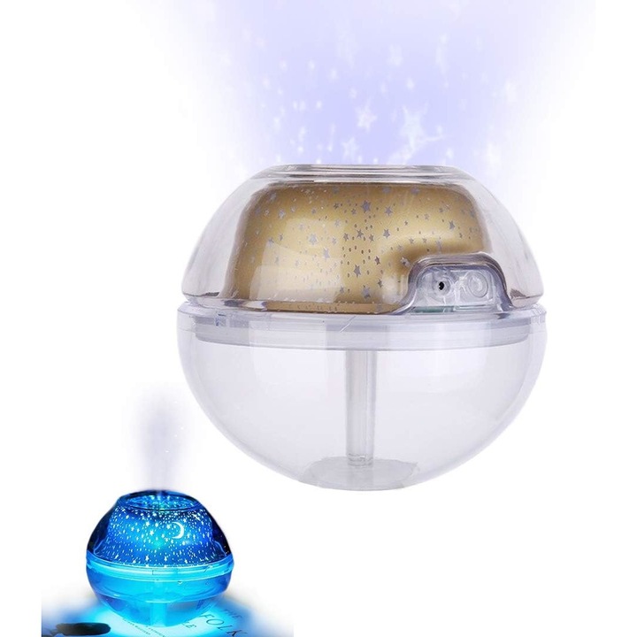 Párásító kristály éjszakai fényvetítéssel, űrtartalom 500ml, 135x135x115mm, készlet USB kábellel és vattacsomóval