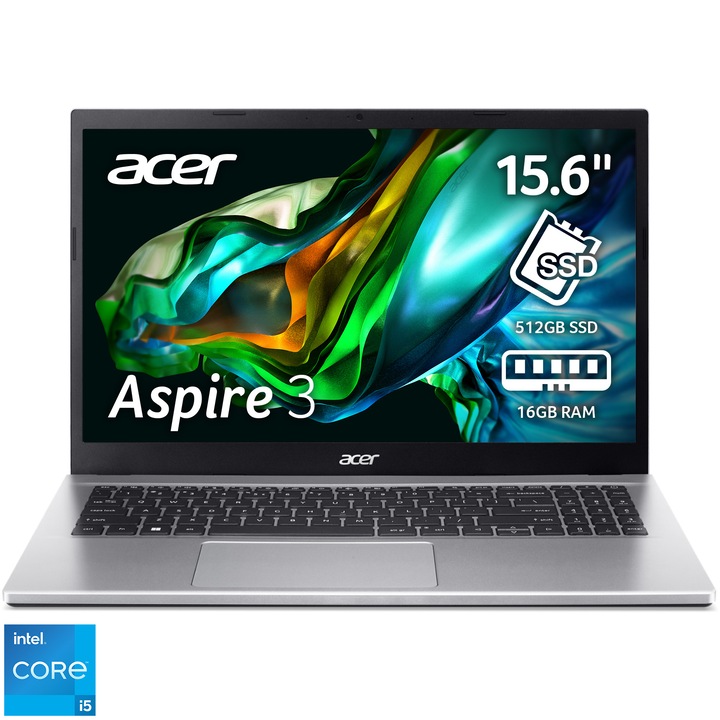 Лаптоп Acer Aspire 3 A315-59, Intel® Core™ i5-1235U, 15.6", Full HD, 16GB, 512GB SSD, Intel® Iris® Xe Graphics, No OS, Pure Silver