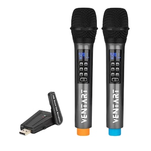 Set 2 Microfoane Wireless Profesionale VENTART, Receiver USB, Omnidirectionale, Portabile, pentru Karaoke, Conferinte, Evenimente, Negre