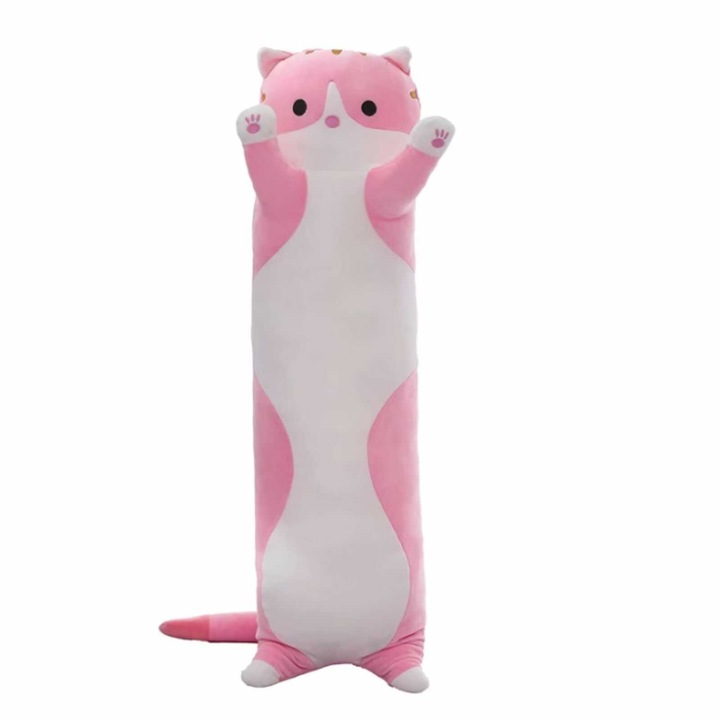 Pisica de plus, lunga, lavabila, cu umplutura hipoalergenica, pufoasa, jucarie pentru copii, roz cu alb, 50 cm