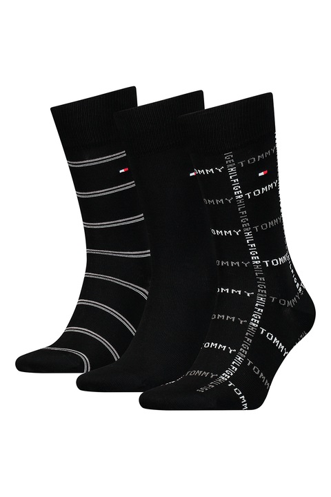 Tommy Hilfiger, Set de sosete cu model - 3 perechi, Alb/Negru, 39-42