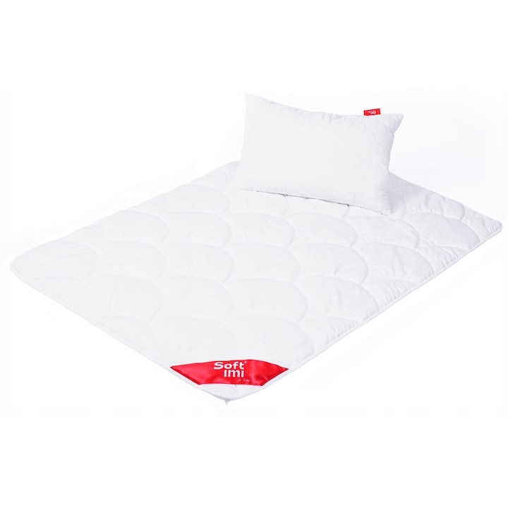 Set pilota antialergica de var + 1 perna, Softimi, 90x120 + 40x60 cm, microfibra 100%, umplutura fibra siliconica HCS 200g/m², matlasat, usoara si respirabila, lavabila la 60°C, alba