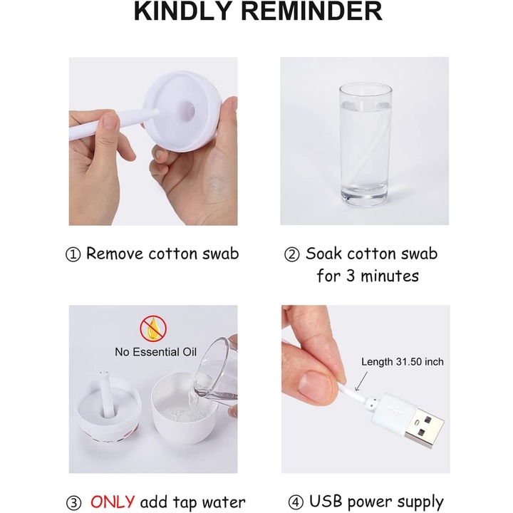 Mini umidificator pentru copii, JeiibrZui, ABS, 250 ml, USB, Alb