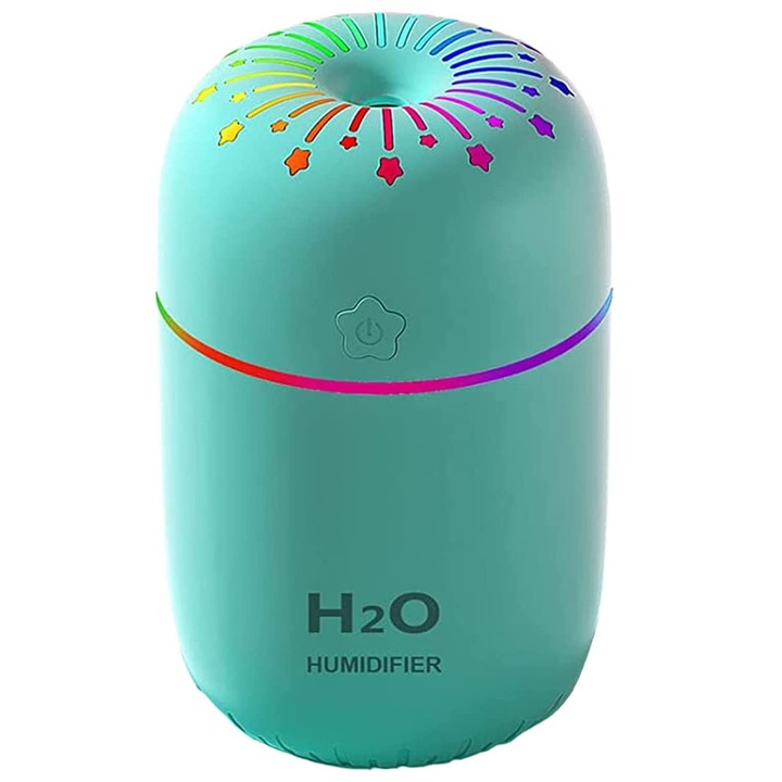 Hordozható párásító színes éjszakai lámpával, csendes, 300ml, zöld