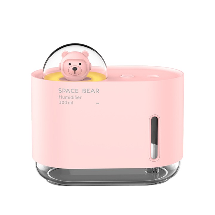 Hordozható párásító, 300ml, csendes, éjszakai lámpával, rózsaszín