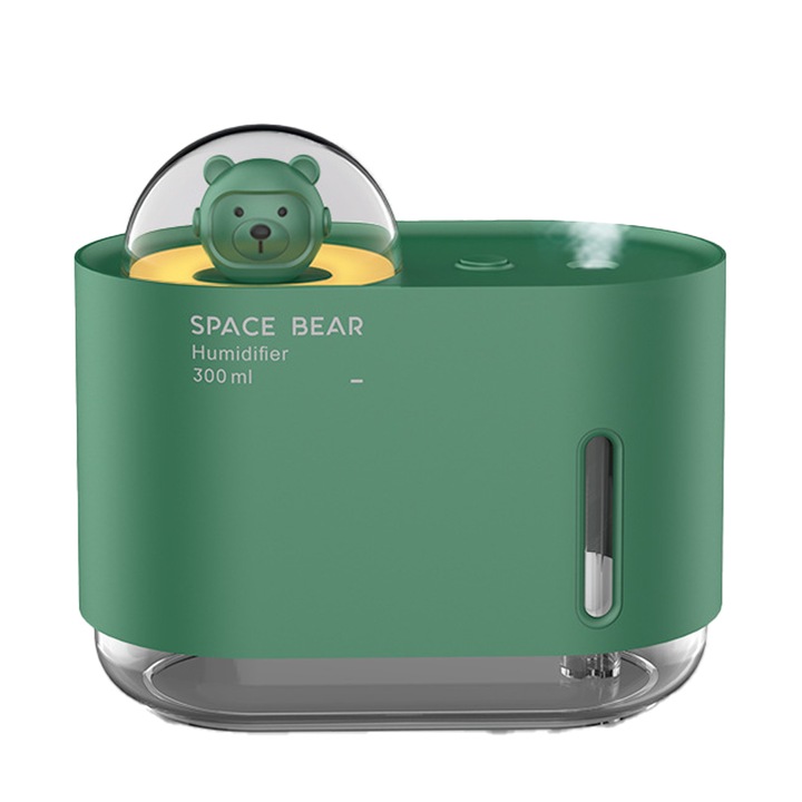 Hordozható párásító, 300ml, csendes, éjszakai fénnyel, zöld