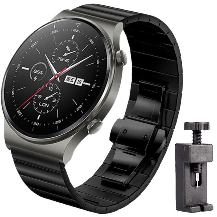 SvodMedia метална каишка, 22 мм, С устройство за регулиране на гривната, съвместима с Samsung Galaxy Watch/ Huawei Watch GT2/GT2e/ GT2 PRO (46 mm)/ GT3/ GT3 PRO/ Watch 3 Active/ Watch 3 Pro 22 мм, Черен