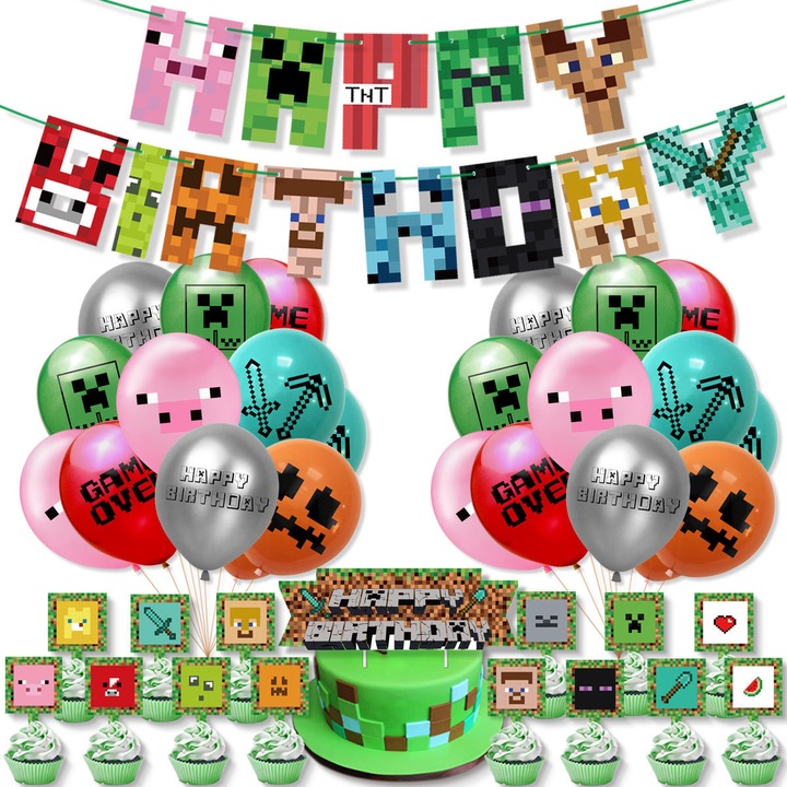 Комплект от 24 детски балона, Minecraft, парти за рожден ден, латекс, 1 банер Честит рожден ден, 12 топера за кексчета, 1 топер за торта, зелен