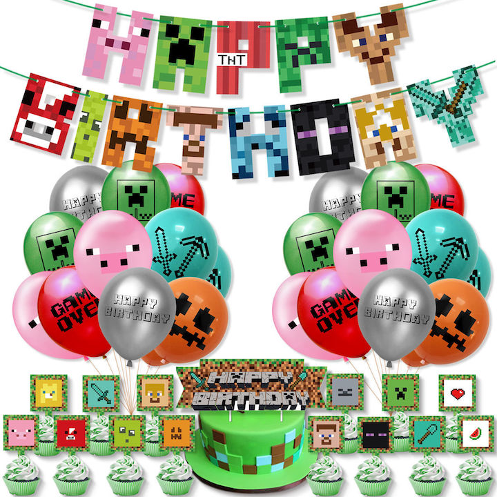 Set 24 baloane copii, Minecraft, Petrecere Aniversara, Latex, 1 Banner Happy Birthday, 12 Cupcake Topper, 1 Cake Topper, Verde