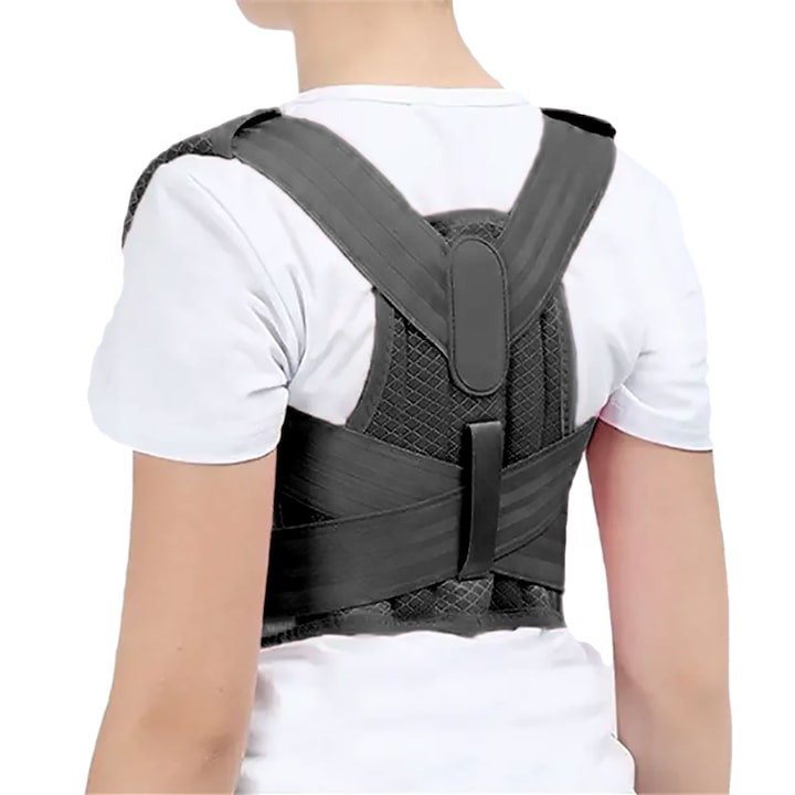 Corector ortopedic de postura pentru copii, zioda smart essentials®, suport pentru gat, umeri, spate, coloana, clavicula, cu rol de indreptare a spatelui, marime M, negru