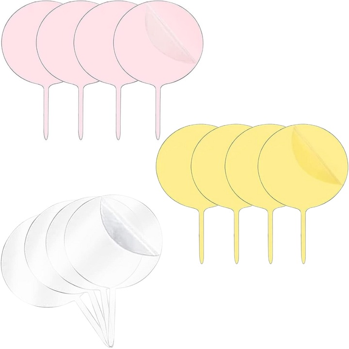 Set de 12 toppere pentru decorare tort, briose, etichetare plante sau flori, rotunde, acrilice, pentru personalizare unica, perfecte pentru zile de nastere sau nunta Galben 16 cm 12