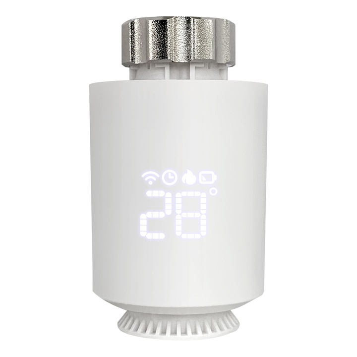 Cap termostat inteligent pentru calorifer, YWX, Plastic, 94 x 55 mm, Control vocal, Functie de detartrare, Telecomanda APP, Alb