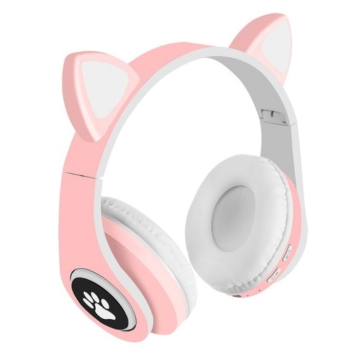 Casti wireless pentru copii CLASStitude, urechi de pisica, confortabile, Bluetooth 5.0, RGB, Roz / Alb